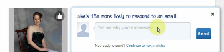Screenshot from Match.com - Liking is replaced by a messaging box
