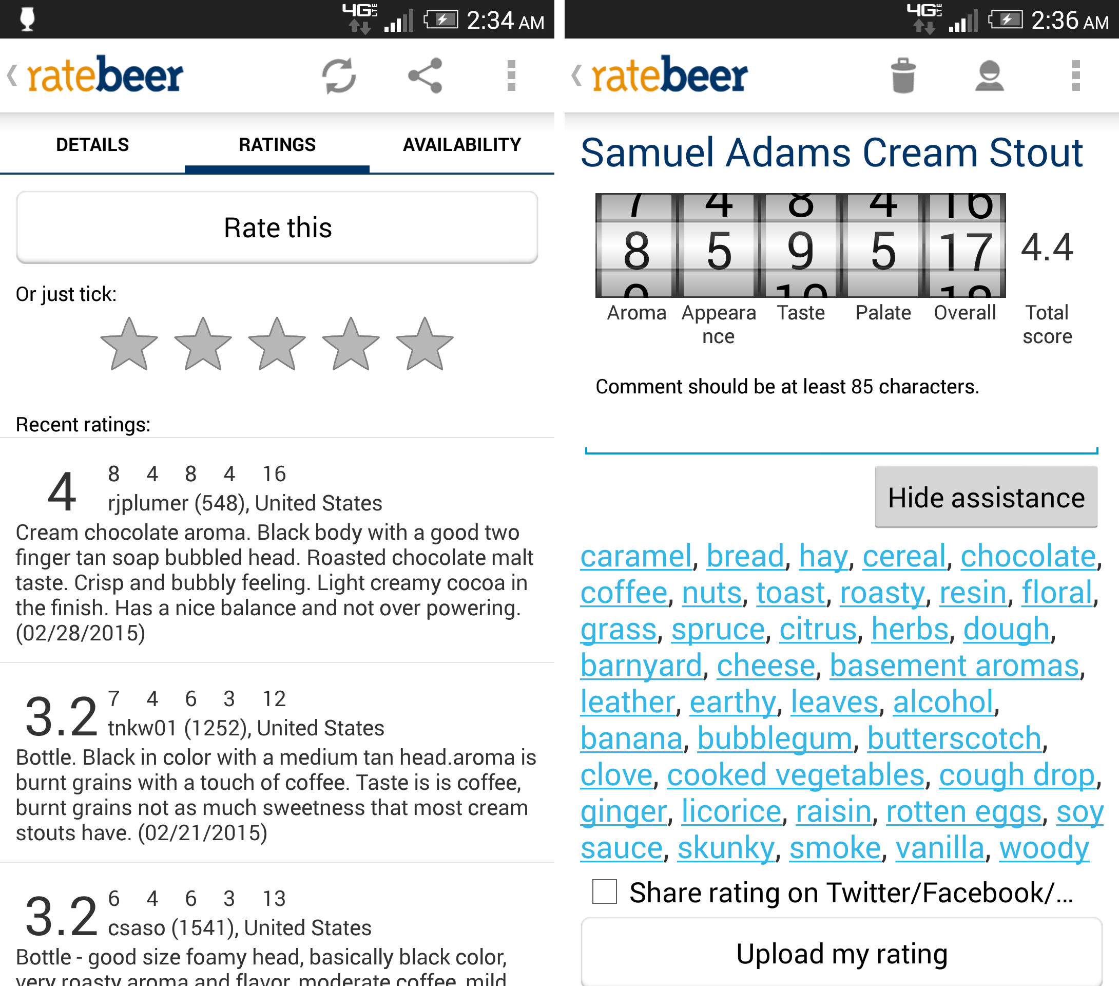 Screenshots showing the rating process on RateBeer
