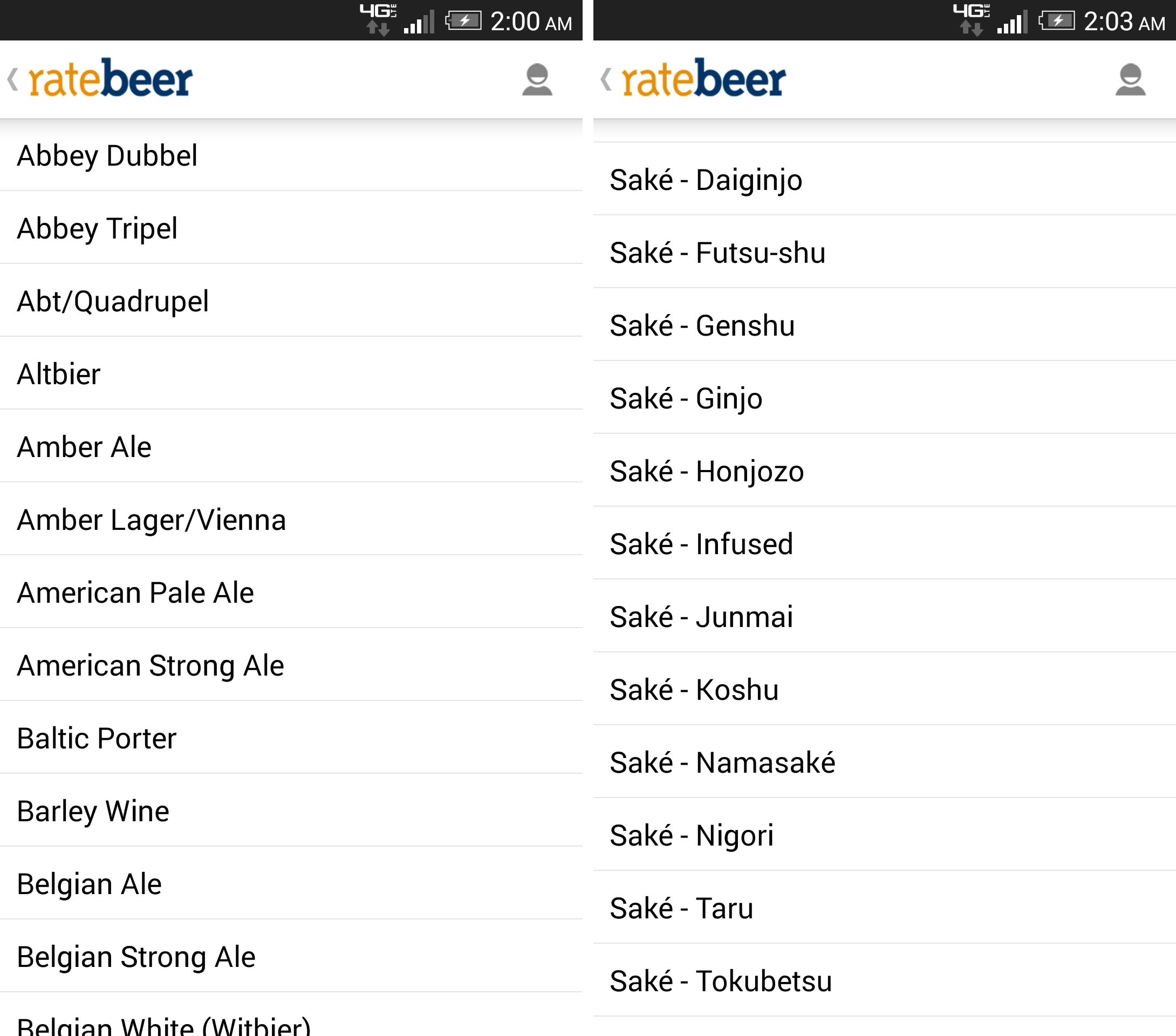 Screenshot of RateBeer's long list of beer styles