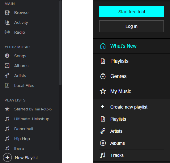 Side-by-side comparison of the Spotify and Tidal menus