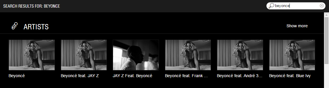 Screenshot of Tidal search results for 'Beyonce'