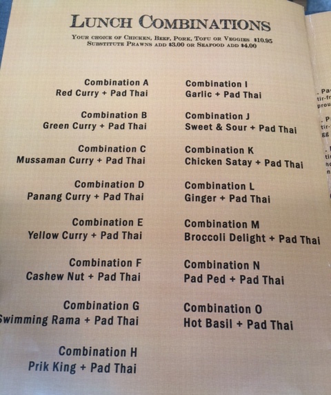 Lunch menu from a Thai restaurant listing combinations