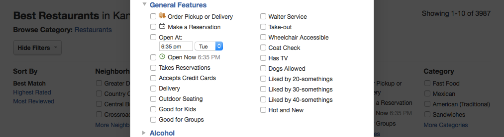 Screenshot of a popup from Yelp's filters section
