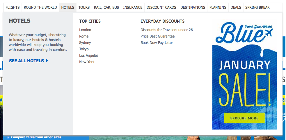 Hotels dropdown on STA Travel