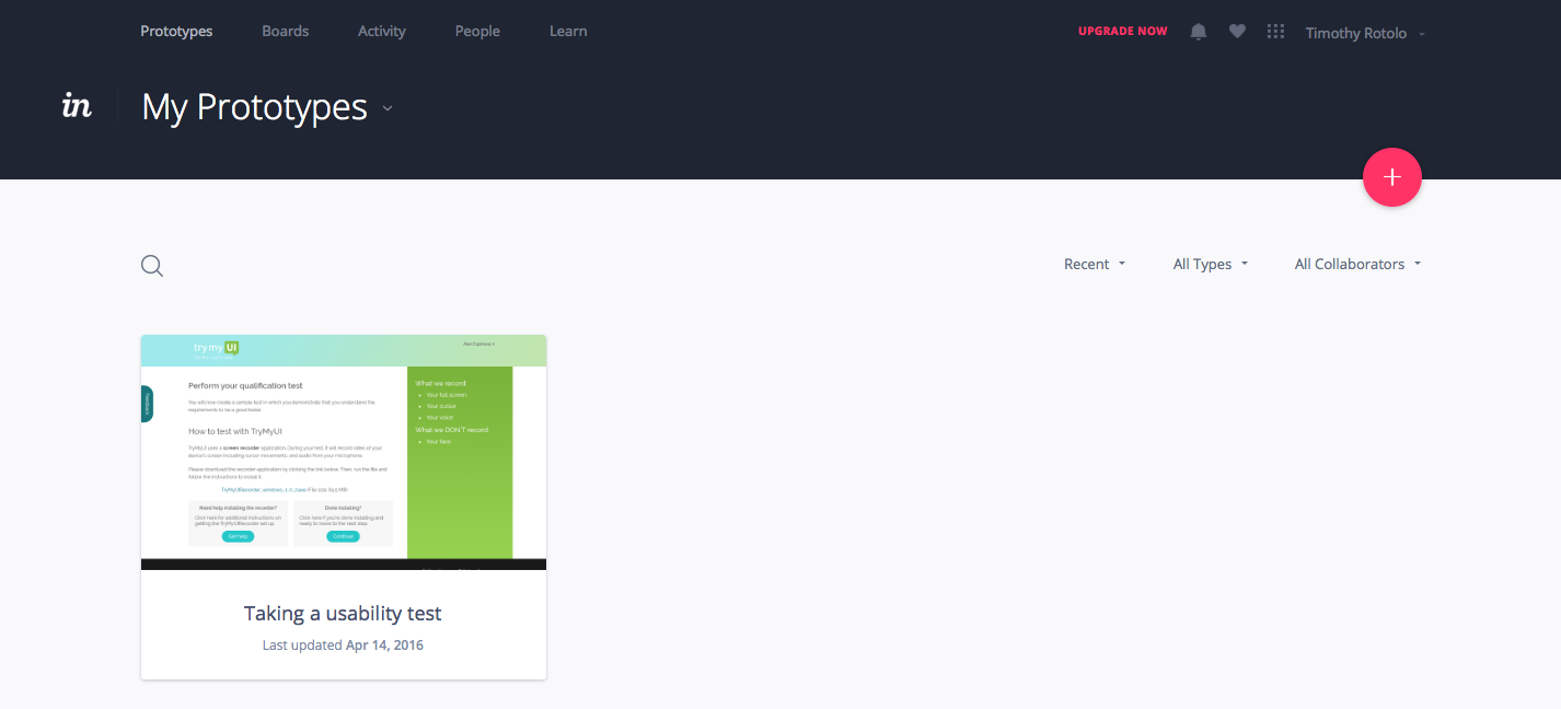 Screenshot of our InVision prototype library with one prototype in it