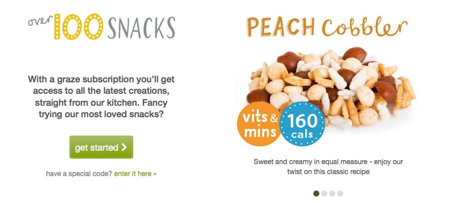 Get Started button and a sampling of featured snacks on Graze