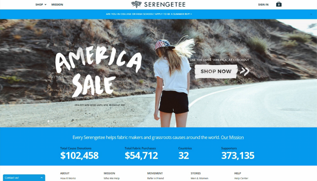 Screenshot of Serengetee's home page at the time of the test