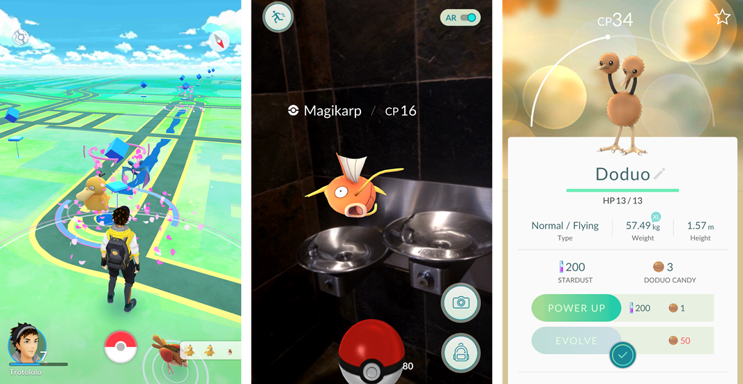 Screenshots of the Pokemon Go map, AR view, and pokemon information