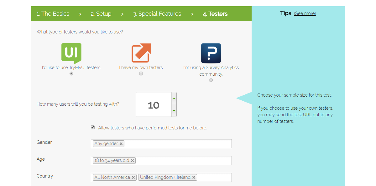Setting up your test, step 4: Testers