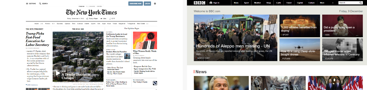 Home pages of BBC and New York Times side by side