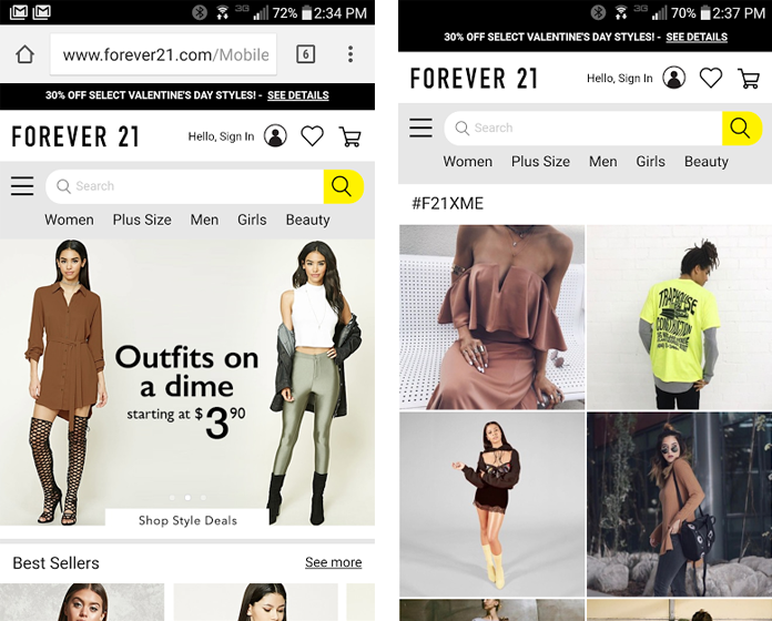 Screenshots of the Forever 21 mobile website home page