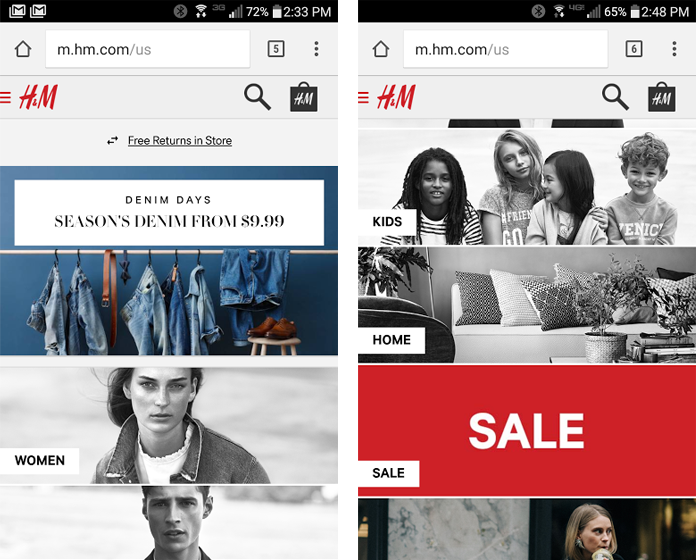 Screenshots of the H&M mobile website home page