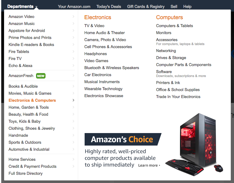 Amazon Departments dropdown