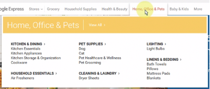 Home, Office & Pets dropdown on Google Express