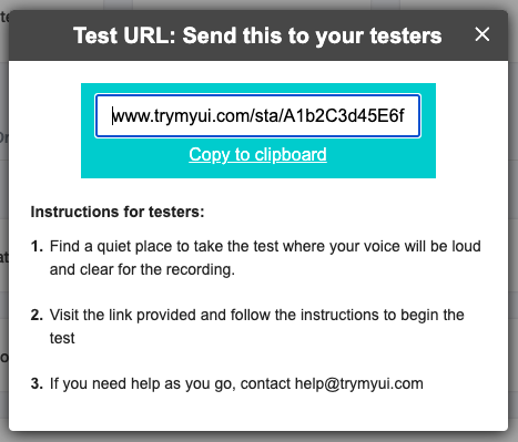 Popup for copying the test URL and instructions for your own users