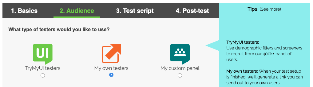 Screenshot from Step 2 of creating your test, with "My own users" selected