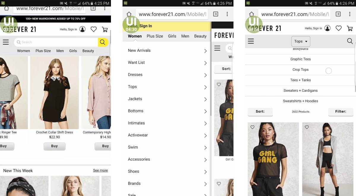 Screenshots of Forever 21's navigation menus at 3 different levels
