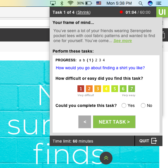 Trymata user testing task with a task usability SEQ question