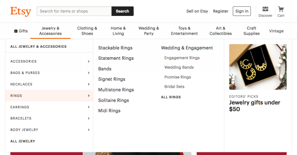 Inside Etsy's Jewelry & Accessories navigation dropdown