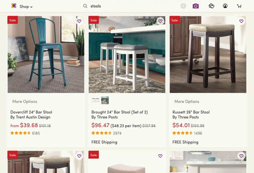Wayfair search quickview helps users scan product details.