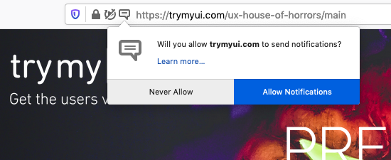 A popup asking to allow notifications from TryMyUI on the House of Horrors page
