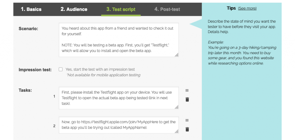 Screenshot from writing the scenario and tasks for a Testflight beta app test