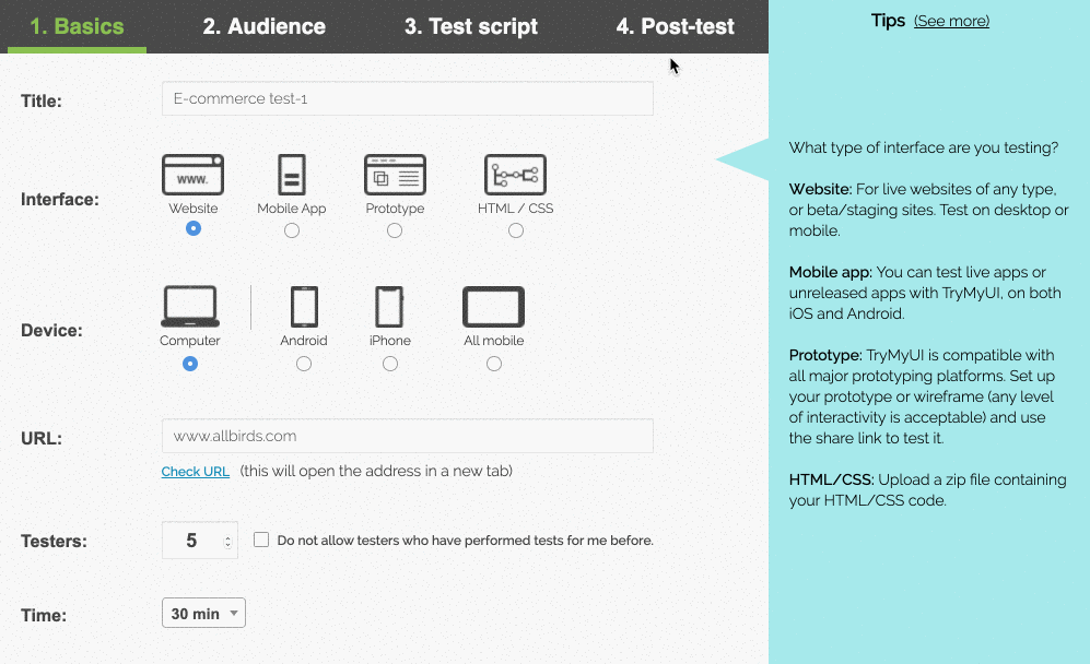 the basics and interfaces for your test creation trymyui create a remote usability test blog