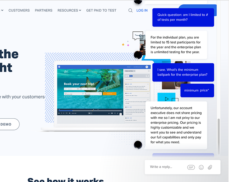 Screenshot of live chat with UserTesting support