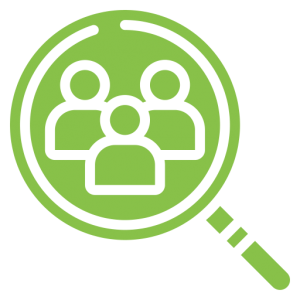 green magnifying glass icon with three humans inside it