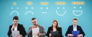 customers providing feedback on a rating scale blue background