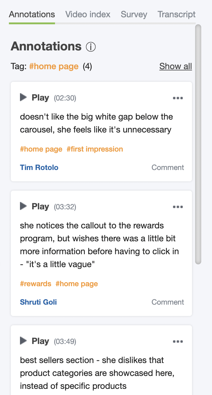 Annotations on a Trymata user testing video filtered by tag