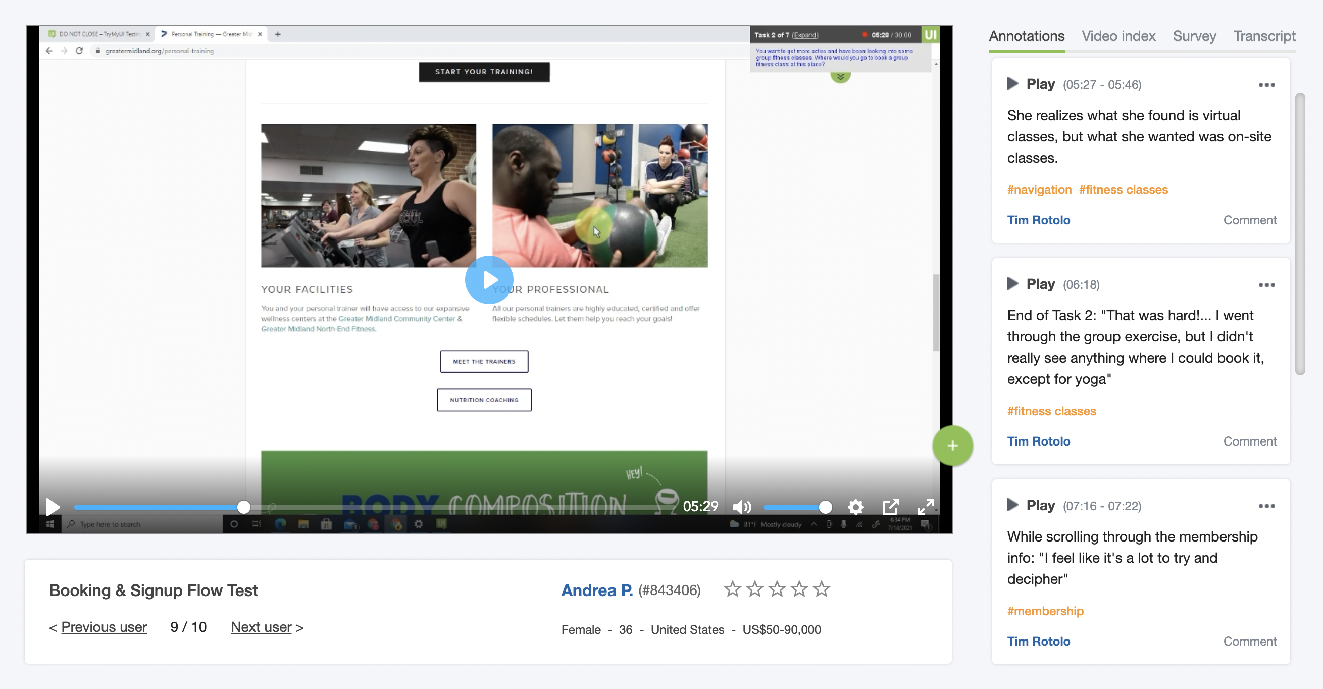 User test session video annotations
