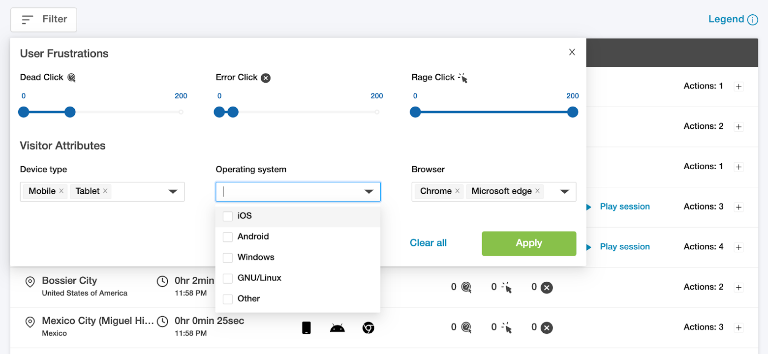 User frustration filters being applied in the website visitor logs