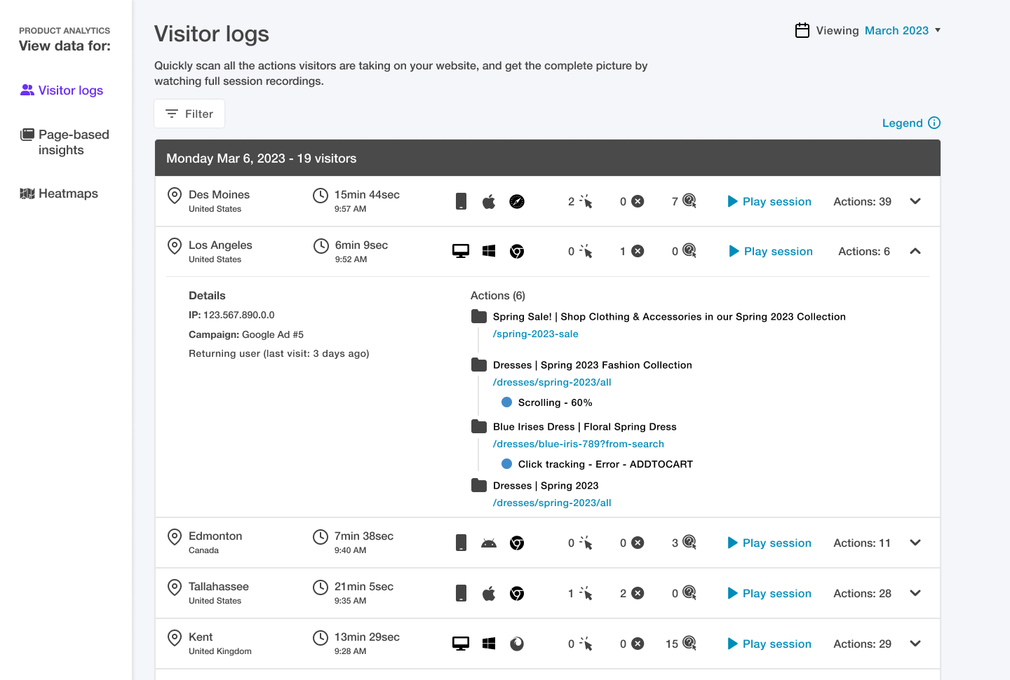 Website visitor logs with expanded actions view on Trymata Product Analytics
