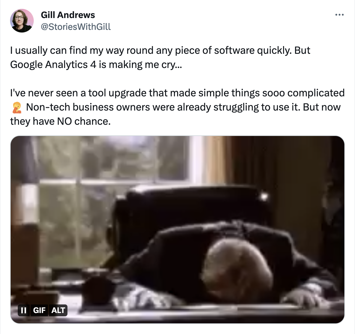 A critical tweet about Google Analytics 4 by Gill Andrews