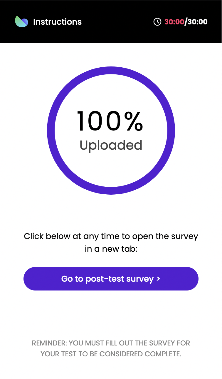 Continuing to the post-test survey at the end of a Trymata user test