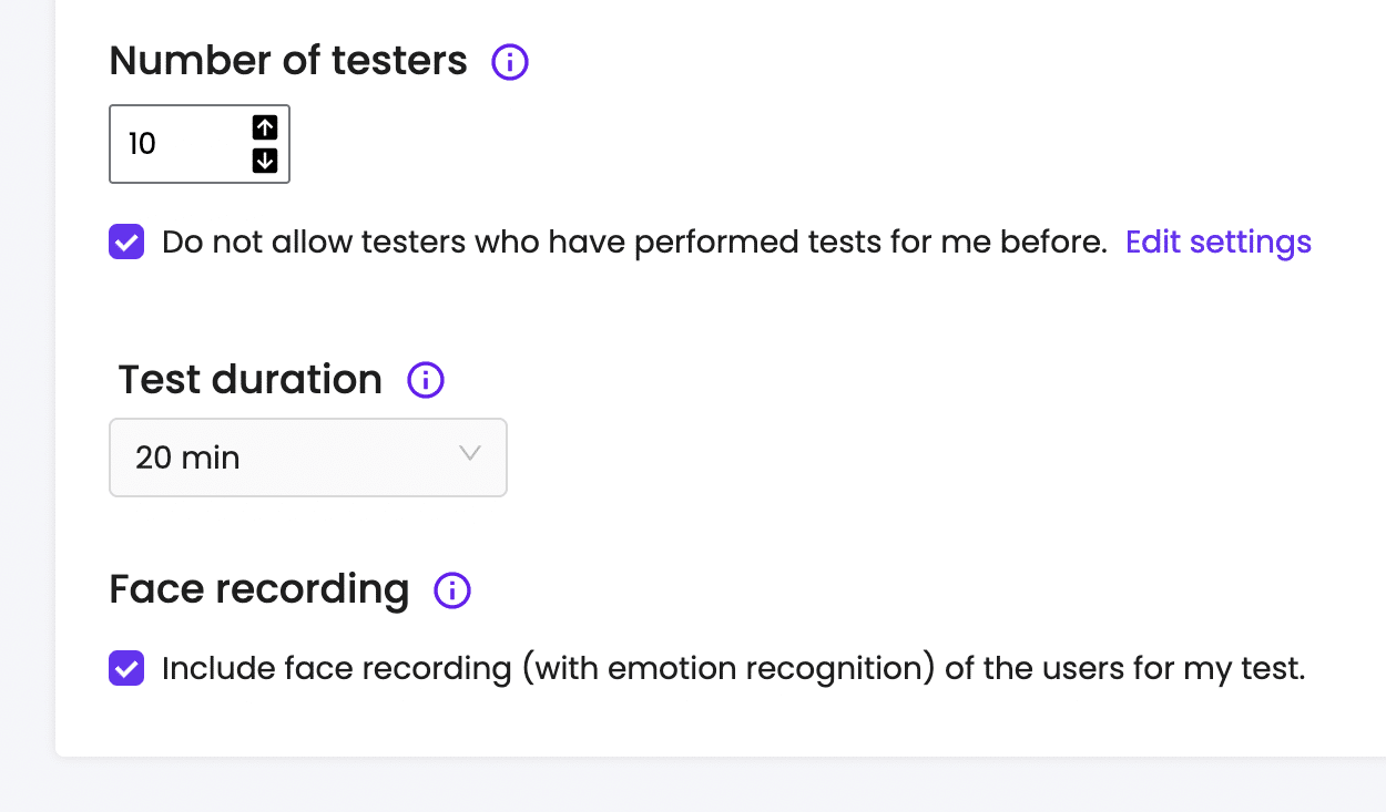 Add face camera & emotion recognition to your Trymata user test with a simple one-click checkbox