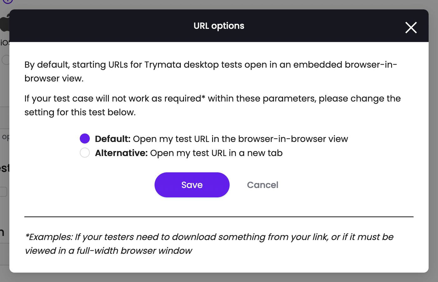 URL advanced settings popup with info about the testing mode options