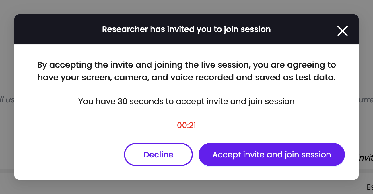 View of tester in queue receiving an invite to join a moderated session