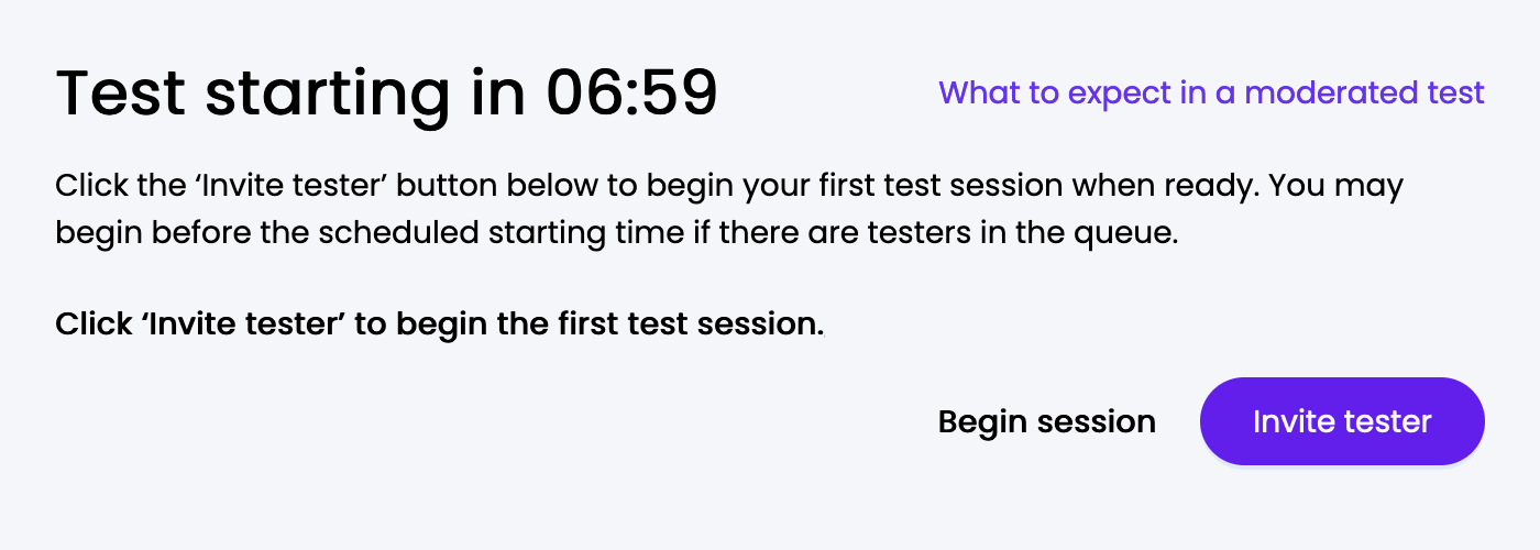 Moderator page for inviting a tester to a session