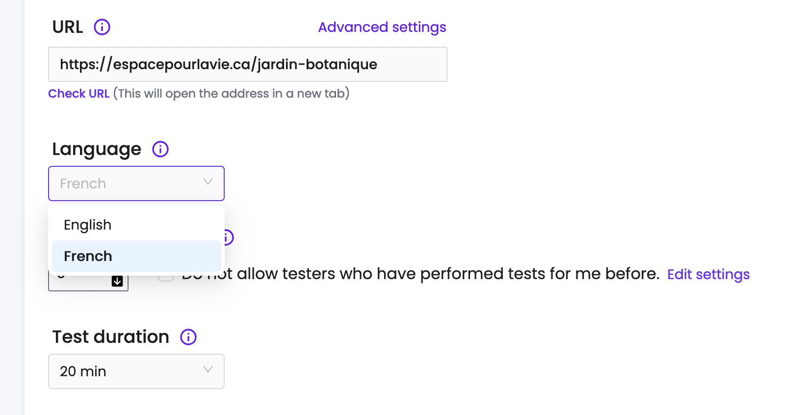 Choosing the language for your Trymata user test