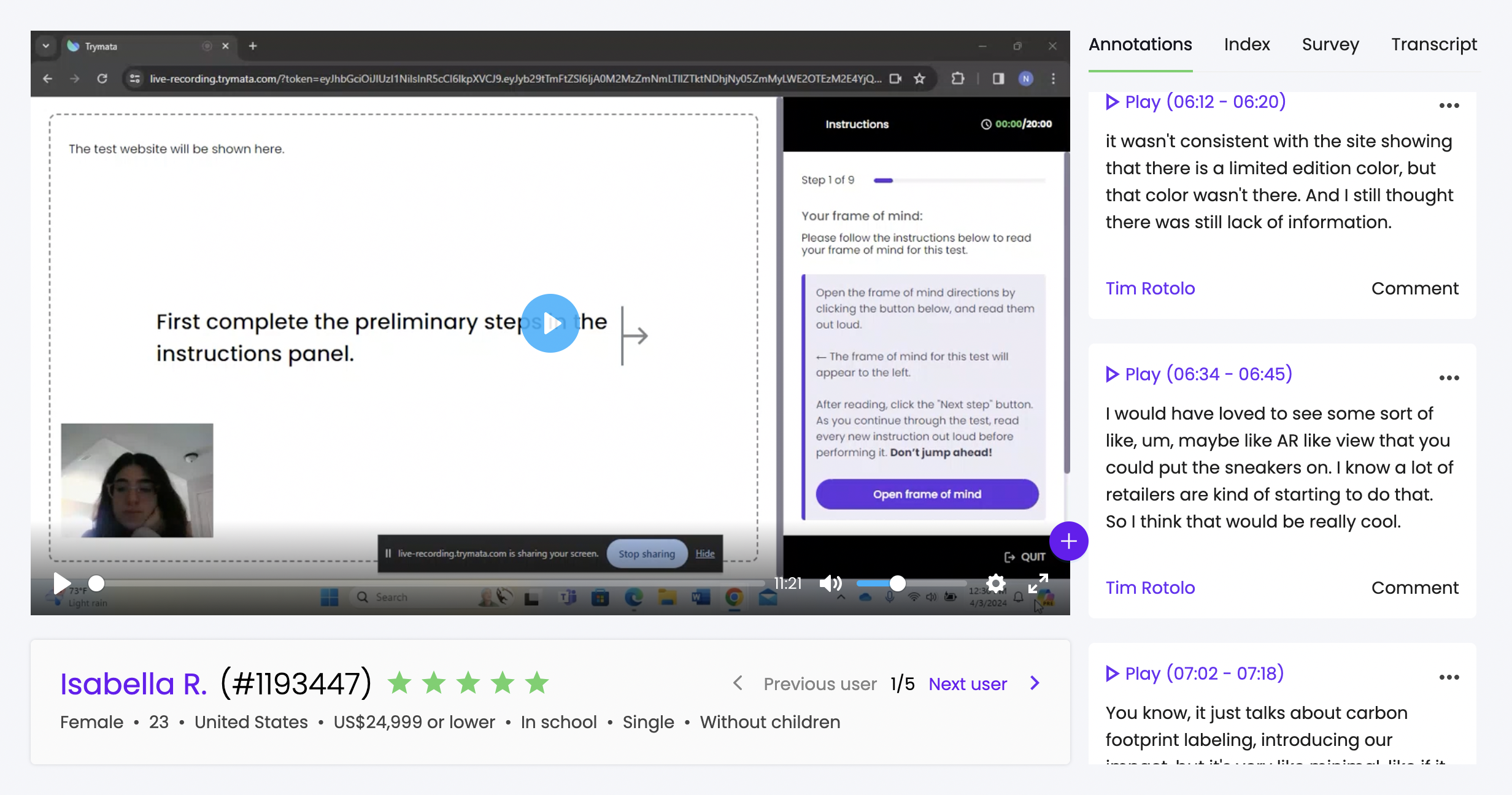 A Trymata user test video with multiple annotations created from the transcript