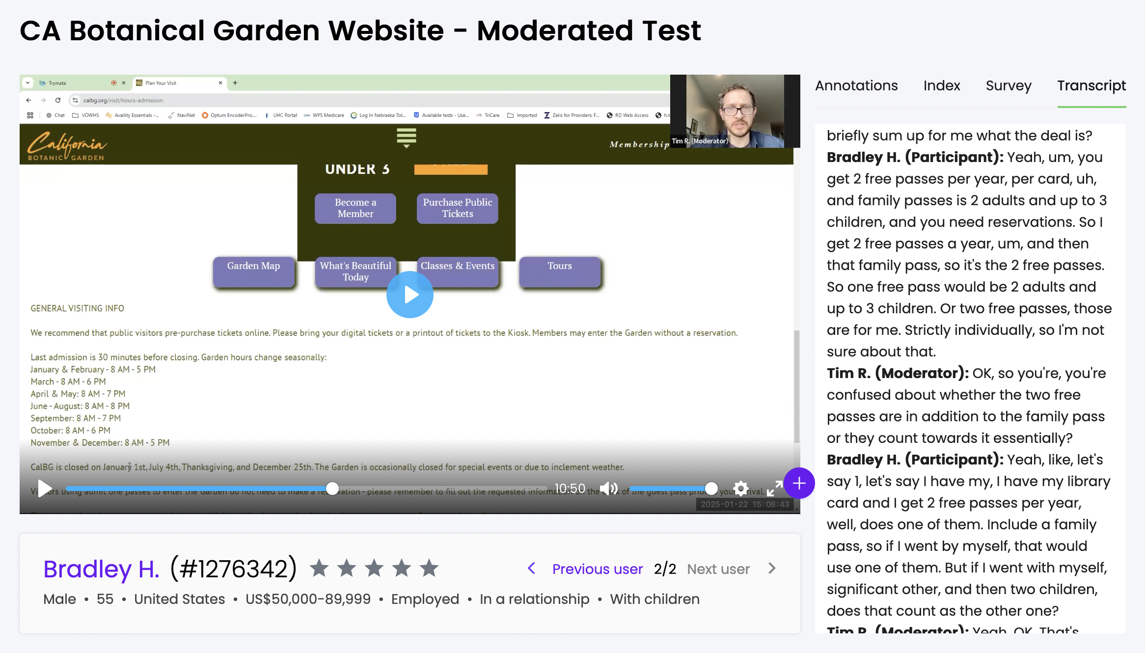 Moderated user test with participant names assigned in transcript