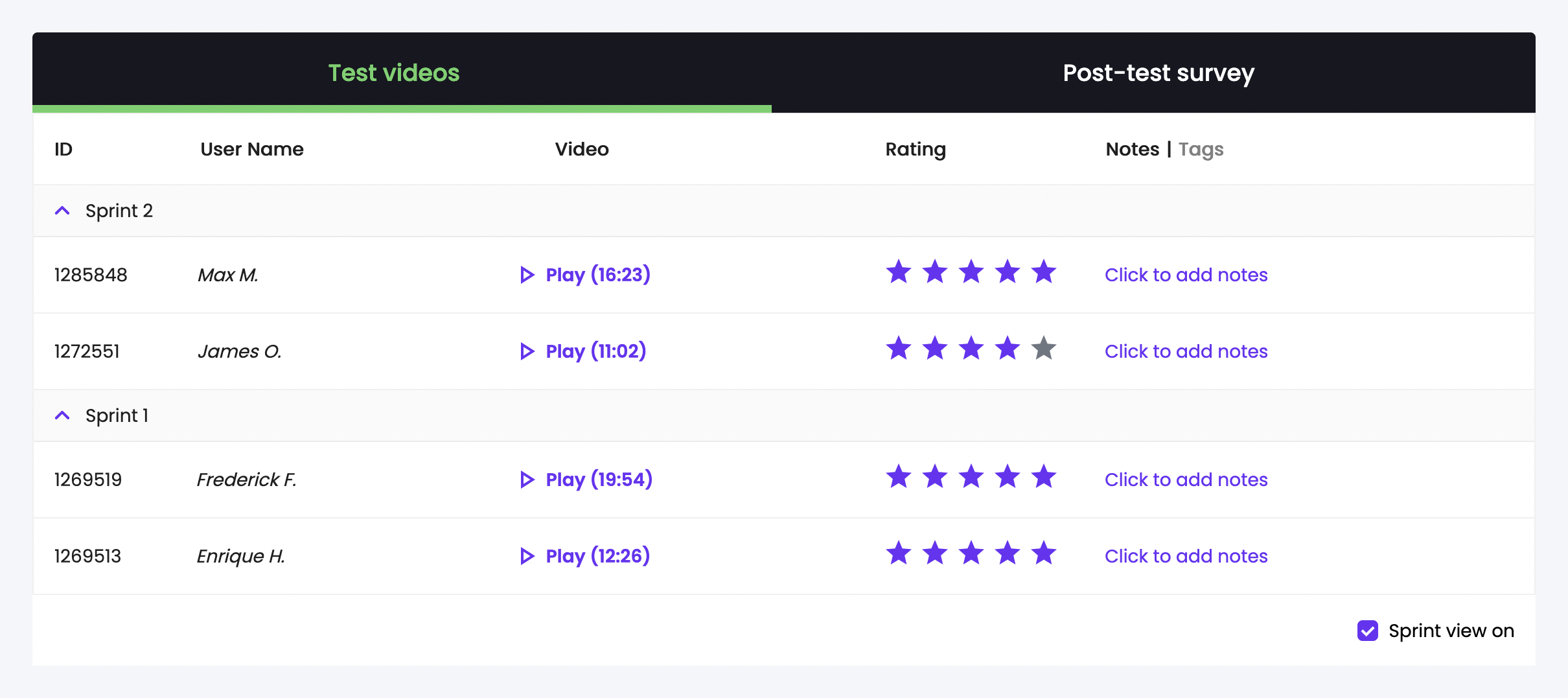 Sprint view for Trymata user test video recordings