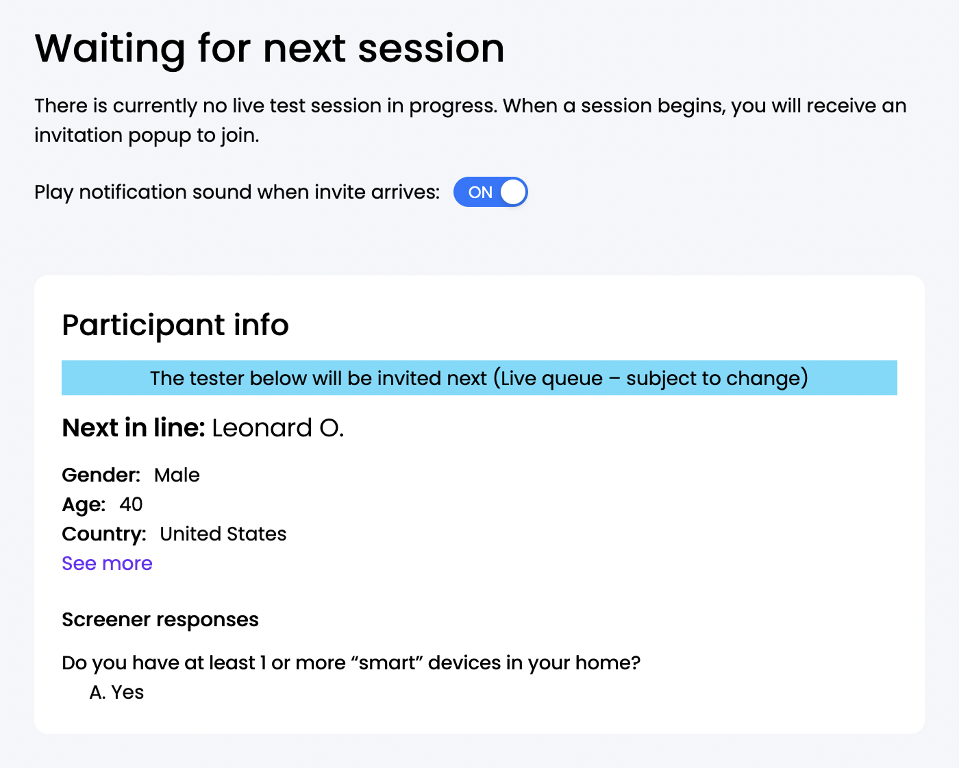 Waiting room page for observers before a moderated user test
