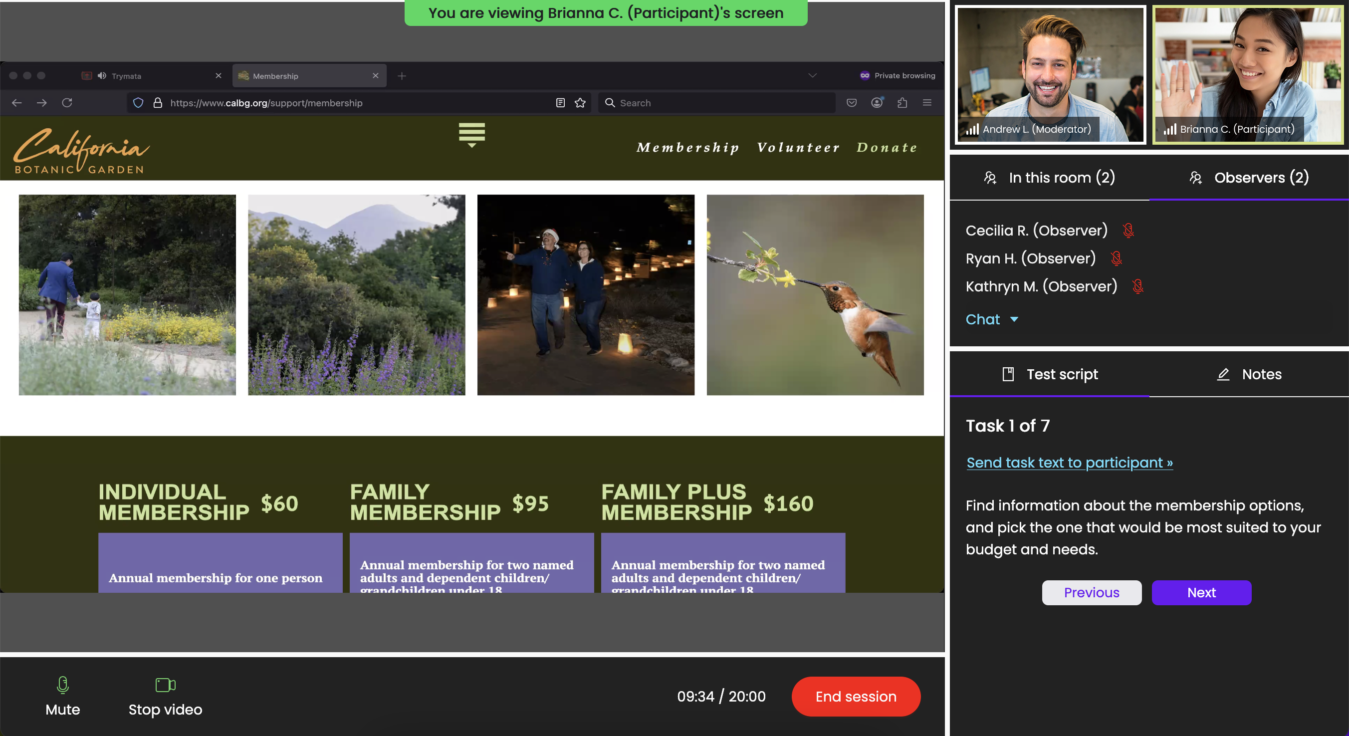 Moderator view during a user test with observers