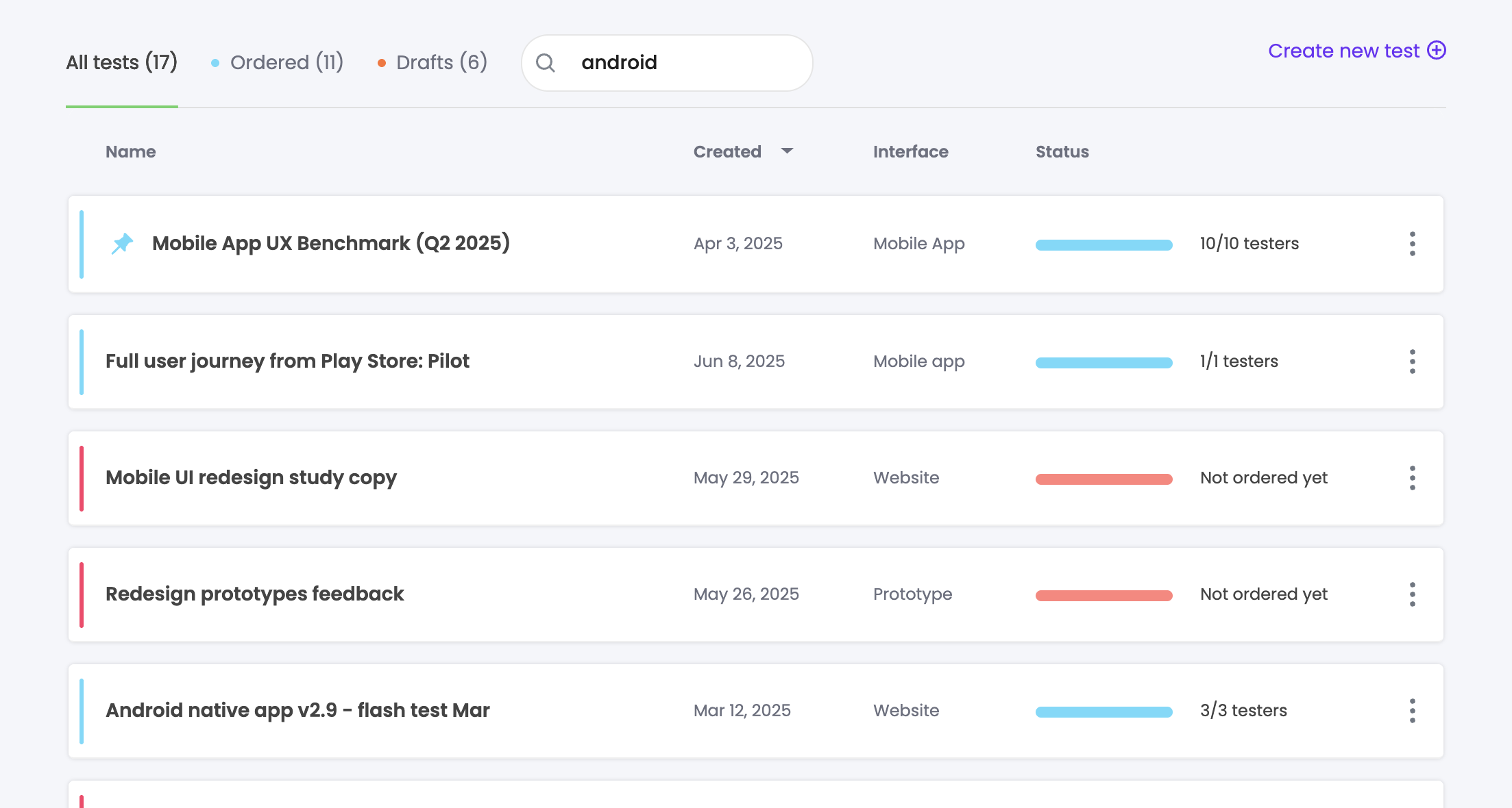 Searching the Trymata dashboard by test device type
