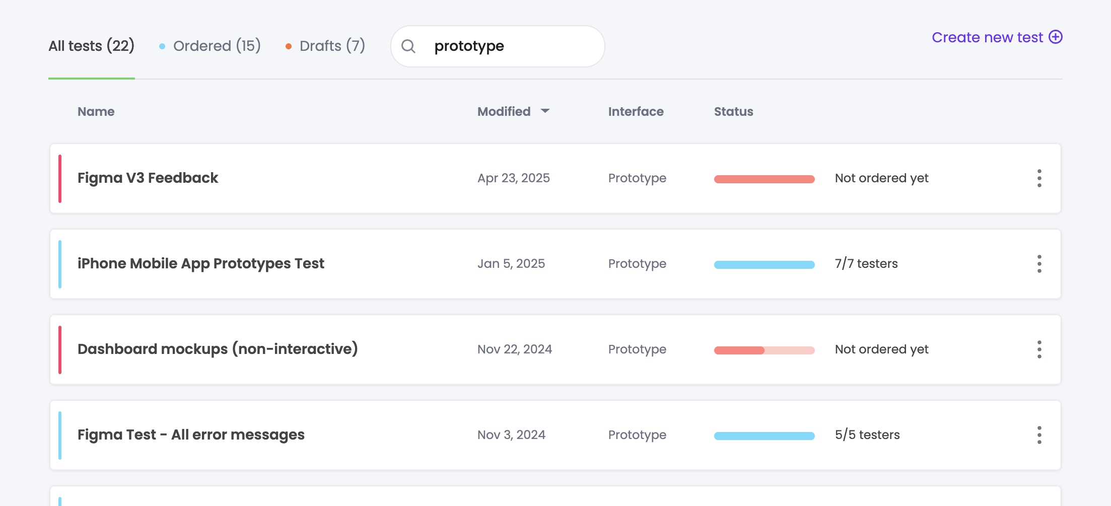 Searching the Trymata dashboard by test interface type