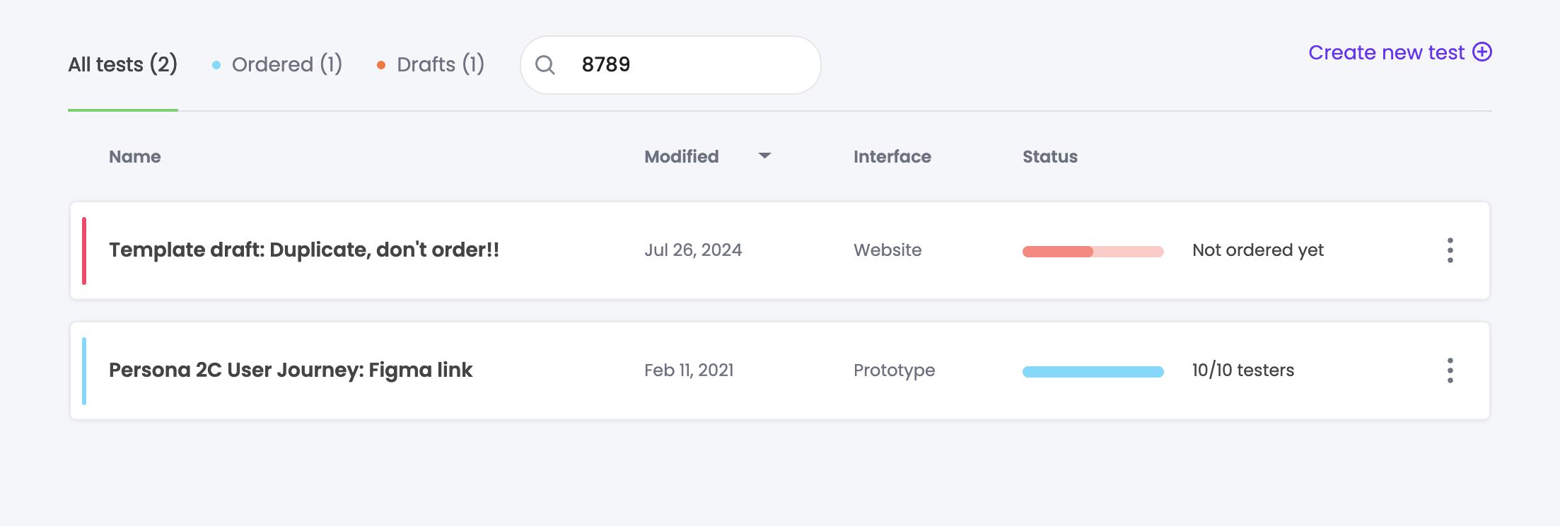 Searching the Trymata dashboard by test ID number