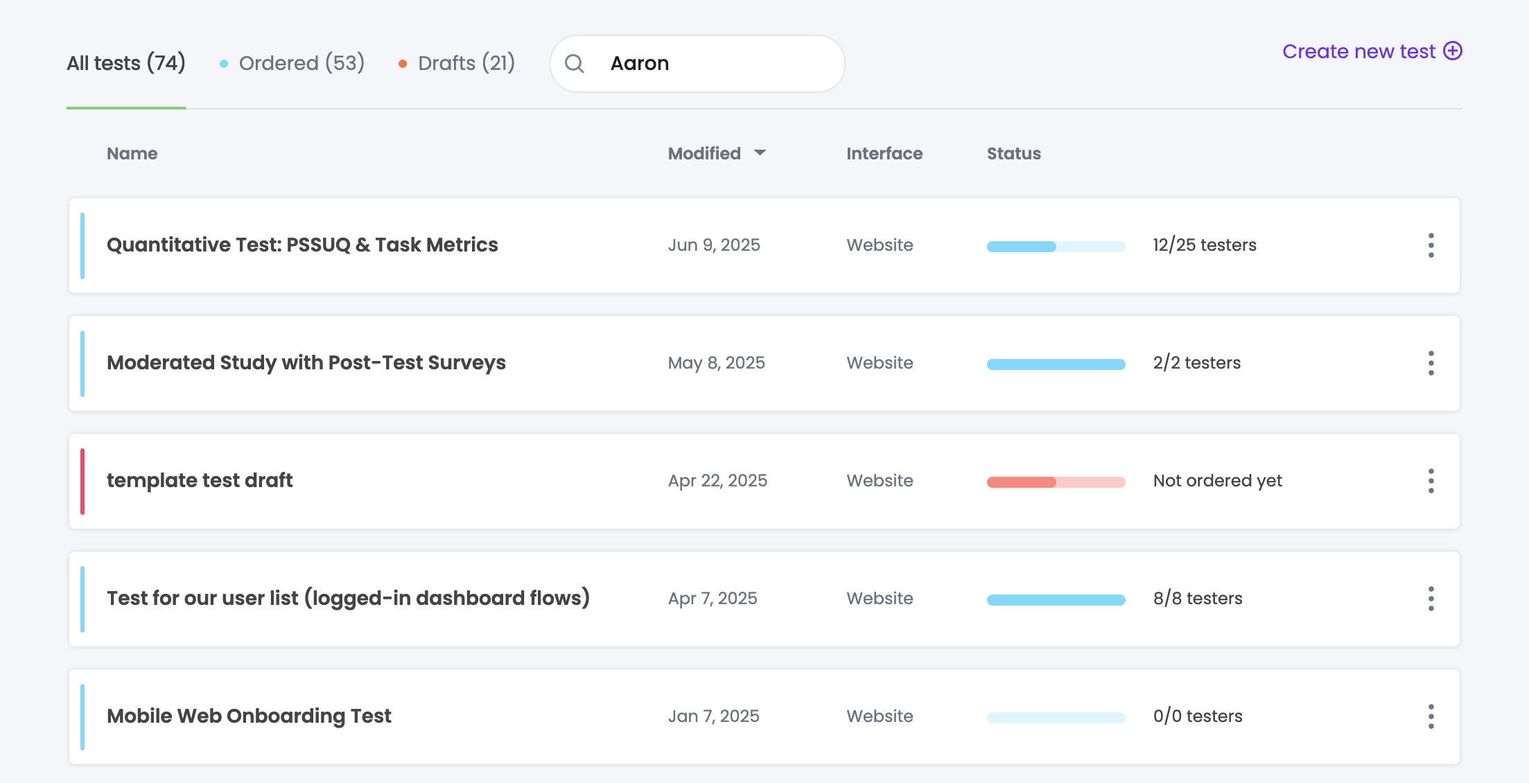 Searching the Trymata dashboard by test author
